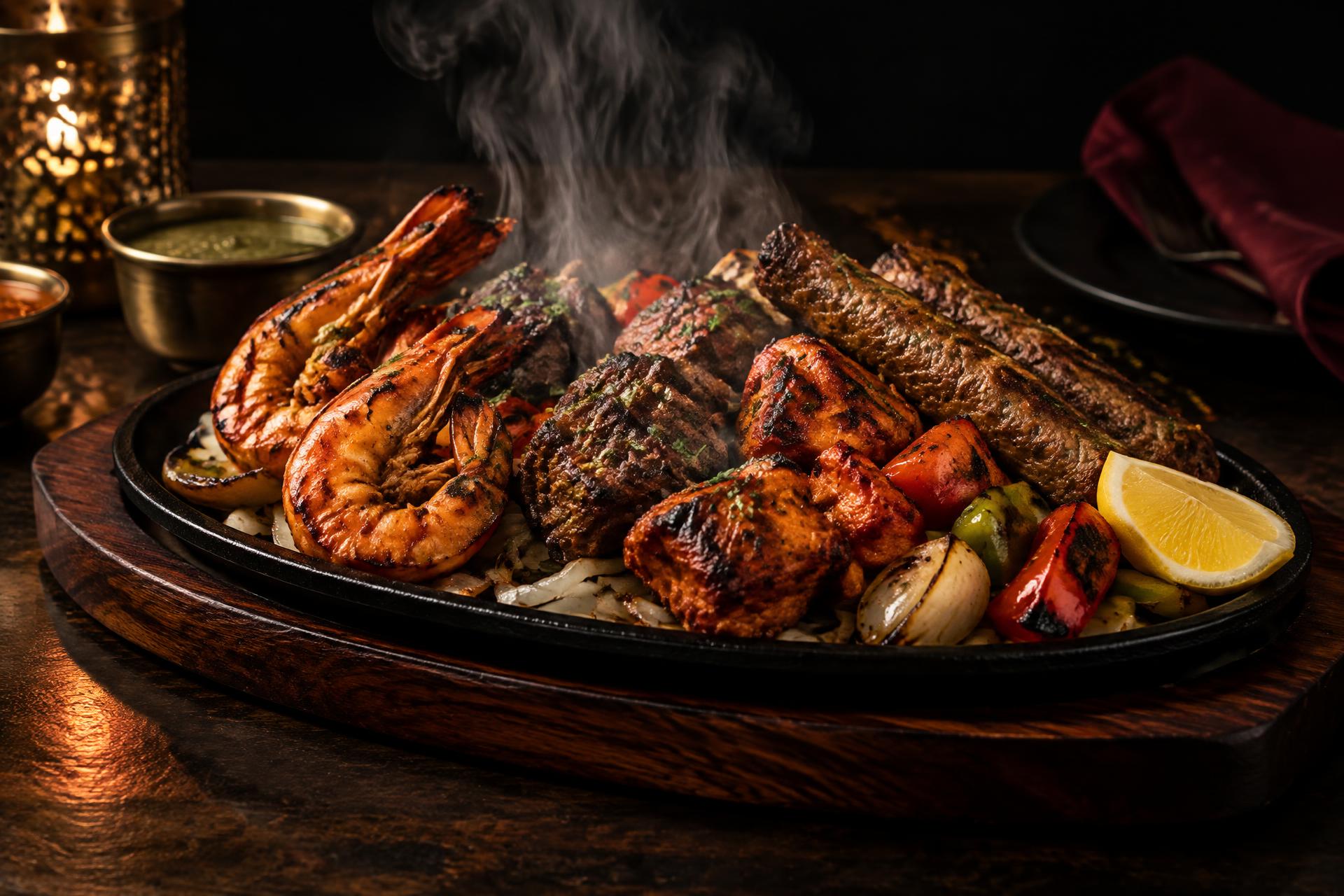 Sizzling Tandoori Mixed Grill with king prawns, lamb, chicken and sheek kebab
